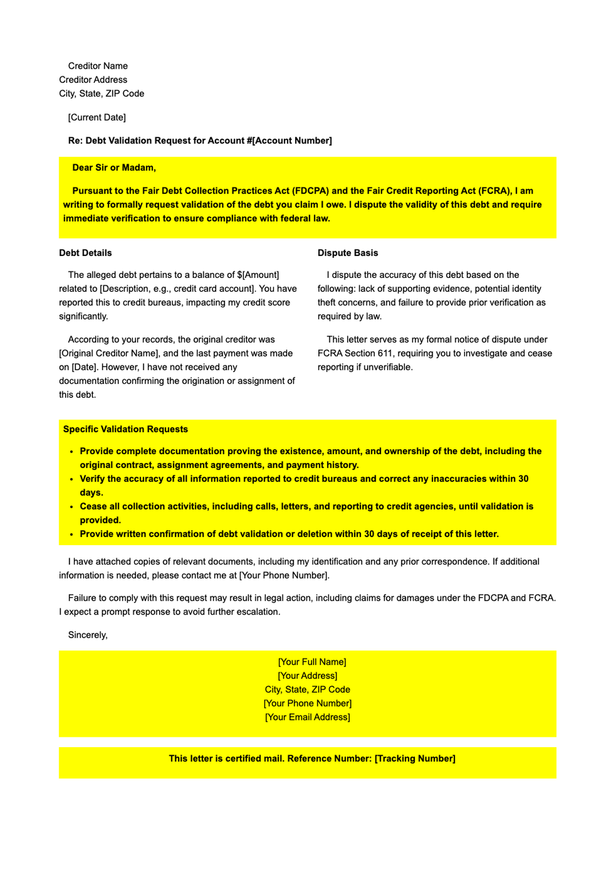Debt validation letter template with highlighted fields_variant_2